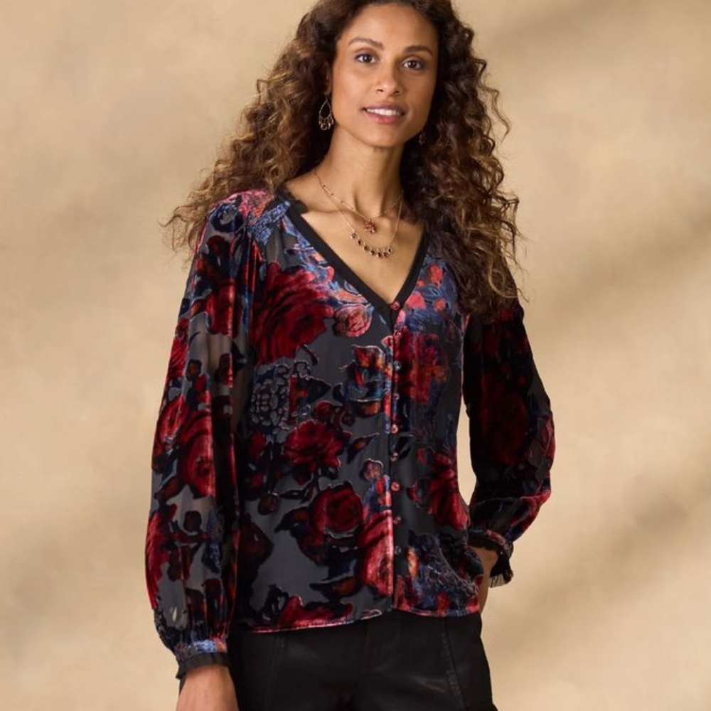 Sundance Velvet Floral V-Neck Blouse in Burgundy and Black